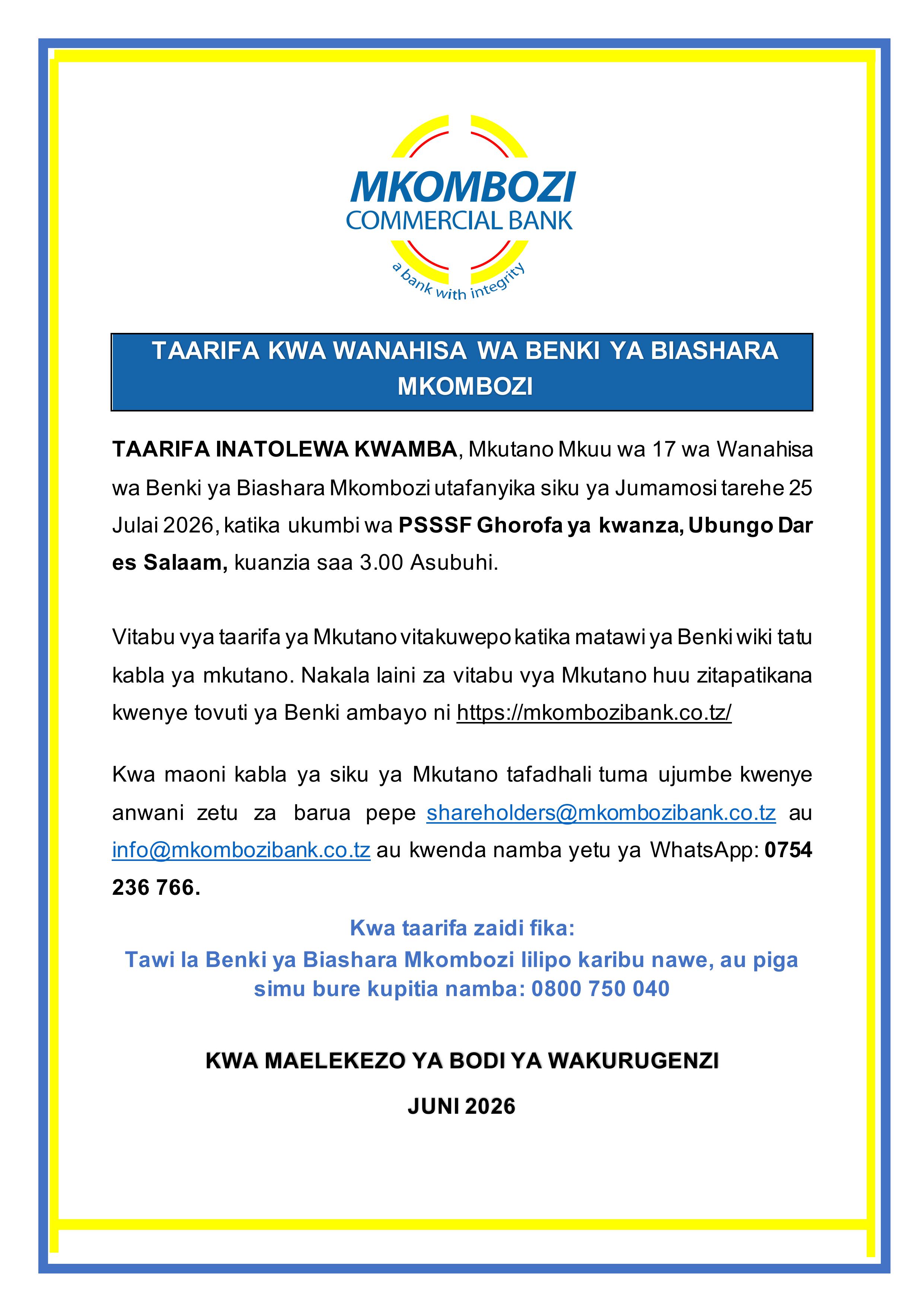 TAARIFA YA MKUTANO MKUU WA WANAHISA MWAKA 2026
